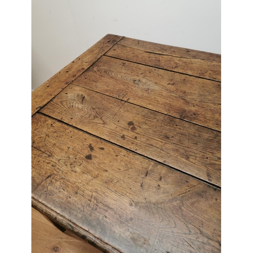 364 - 18th. C. oak kitchen table raised on champhered square legs with single stretcher { 75cm H X 193cm W... 