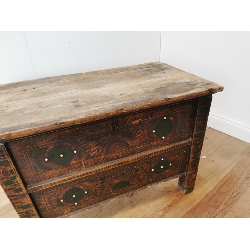 365 - 19th. C. painted pine chest raised on square legs { 68cm H X 102cm W X 54cm D }.