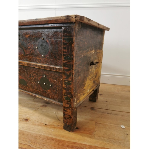 365 - 19th. C. painted pine chest raised on square legs { 68cm H X 102cm W X 54cm D }.