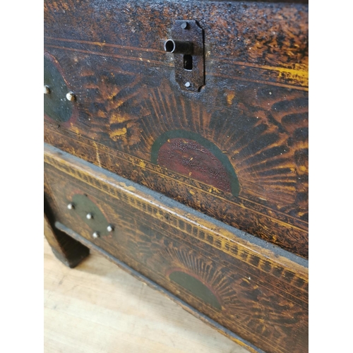 365 - 19th. C. painted pine chest raised on square legs { 68cm H X 102cm W X 54cm D }.