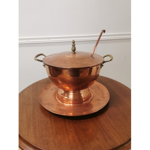 38 - Early 20th. C. brass and copper lidded tureen with ladle. {  cm H X D57cm W }