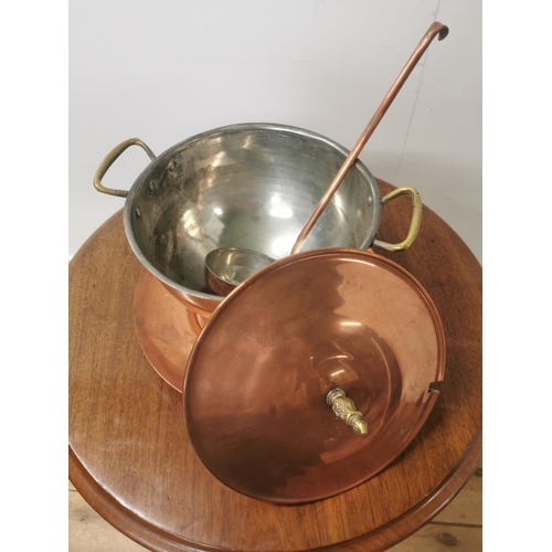 38 - Early 20th. C. brass and copper lidded tureen with ladle. {  cm H X D57cm W }