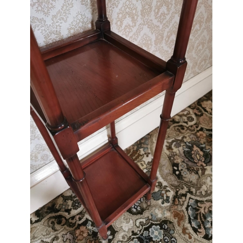 381 - Walnut three tiered whatnot on turned supports {131 cm H x 31 cm W x 31 cm D}.