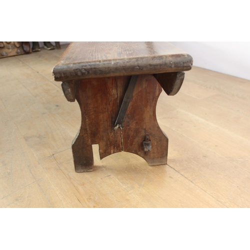 392 - 19th. C. oak and cast iron railway bench { 85cm H X 253cm W X 34cm D }.