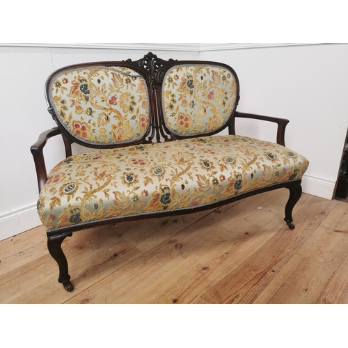 397 - Edwardian upholstered mahogany two seater sofa raised on cabriole legs { 92cm H X 126cm W X 64cm D }... 