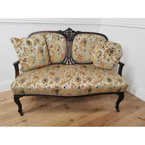 397 - Edwardian upholstered mahogany two seater sofa raised on cabriole legs { 92cm H X 126cm W X 64cm D }... 