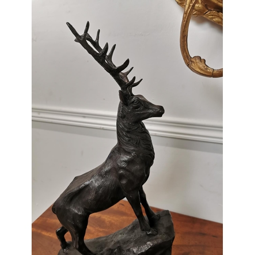 400 - Pair of bronze Stags on marble bases {44 cm H x 24 cm W x 14 cm D}.