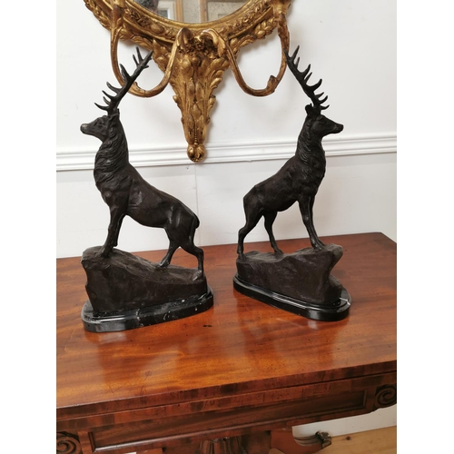 400 - Pair of bronze Stags on marble bases {44 cm H x 24 cm W x 14 cm D}.