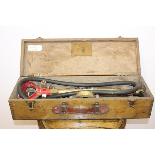 402 - 19th. C. brass Nabic hydraulic test pump in original wooden case. { 16cm H X 67cm W X 22cm D }.