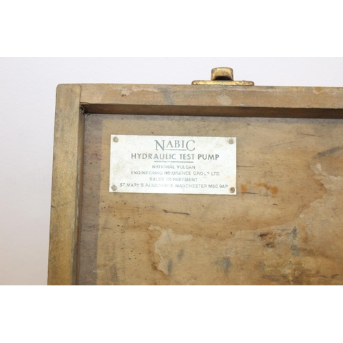 402 - 19th. C. brass Nabic hydraulic test pump in original wooden case. { 16cm H X 67cm W X 22cm D }.