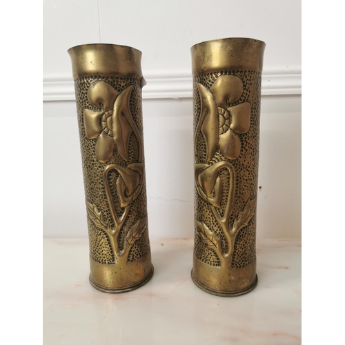 403 - Pair of Trench Art brass shells decorated with flowers in the Art Nouveau style { 28cm H X 18cm Dia ... 