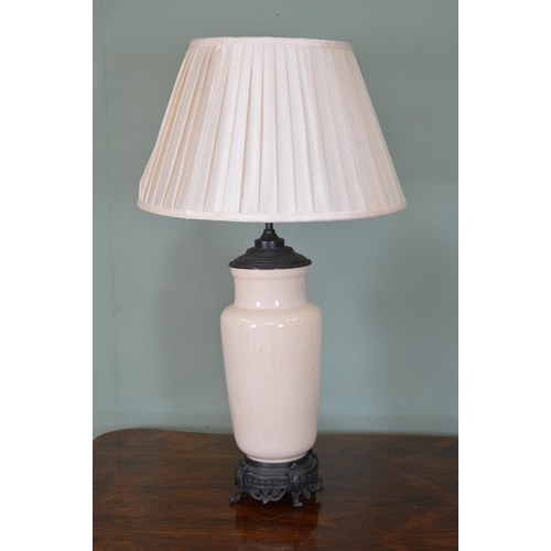 424 - Pair of porcelain and bronze table lamps with shades { 82cm H } .