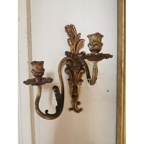 427 - Pair of good quality gilded brass wall hanging candelabras {30 cm H x 20 cm W x 17 cm D}.