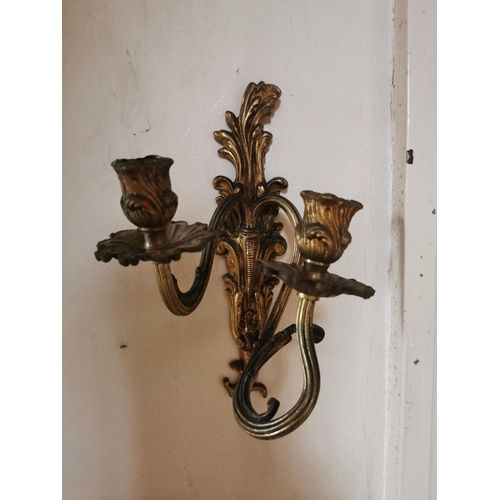 427 - Pair of good quality gilded brass wall hanging candelabras {30 cm H x 20 cm W x 17 cm D}.