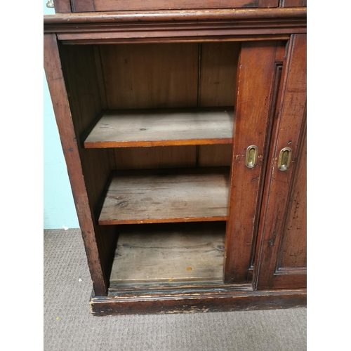 433 - 19th. C. stained pine estate cupboard with two panelled doors over two panelled doors raised on plin... 