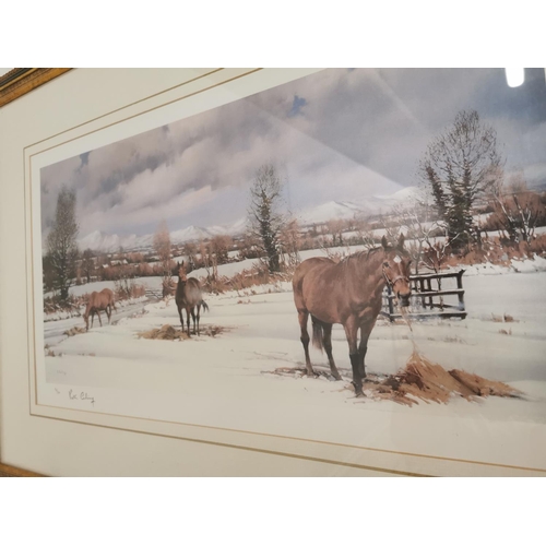 448 - Peter Curling Horses Grazing in Winter framed coloured print { 56cm H X 82cm W }.