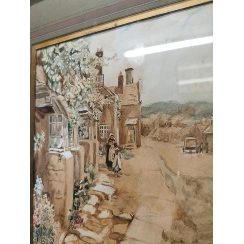 449 - Early 20th C. Winifred Thompson  Village Scene 1921 watercolour mounted in walnut frame {42 cm H x 3... 