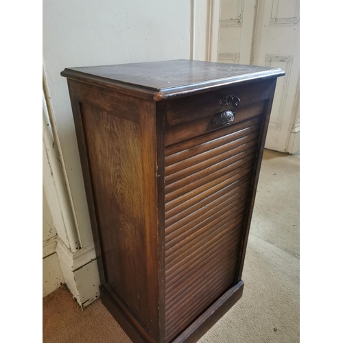 454 - Early 20th C. oak tambour door office cabinet {91 cm H x 46 cm W x 39 cm D}.