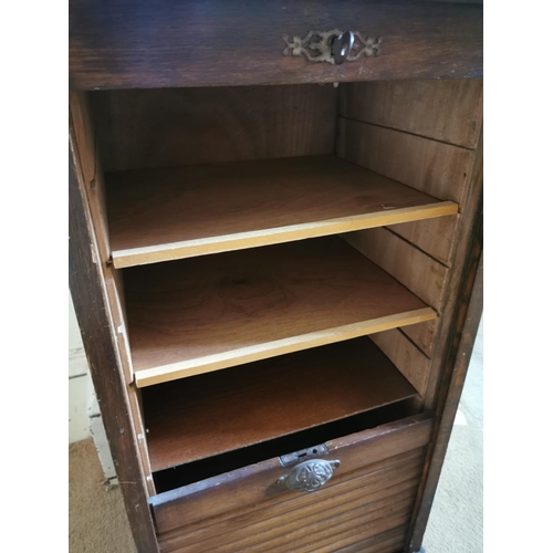 454 - Early 20th C. oak tambour door office cabinet {91 cm H x 46 cm W x 39 cm D}.