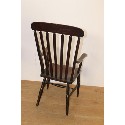 457 - 19th. C. oak slat back open armchair { 106cm H X 56cm W X 42cm D }.