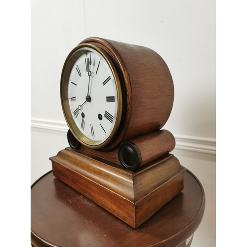 461 - William IV mahogany drumhead mantle clock. { 28cm H X 26cm W X 14cm D }.