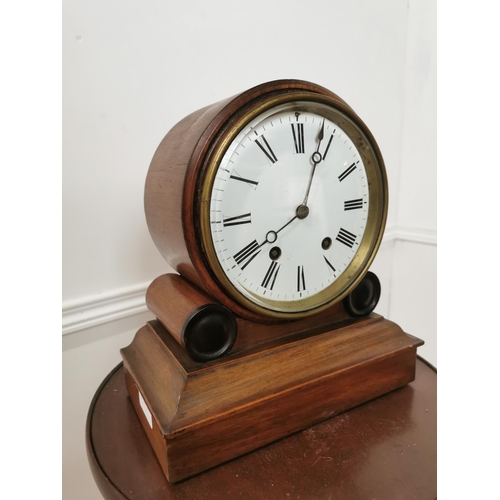 461 - William IV mahogany drumhead mantle clock. { 28cm H X 26cm W X 14cm D }.