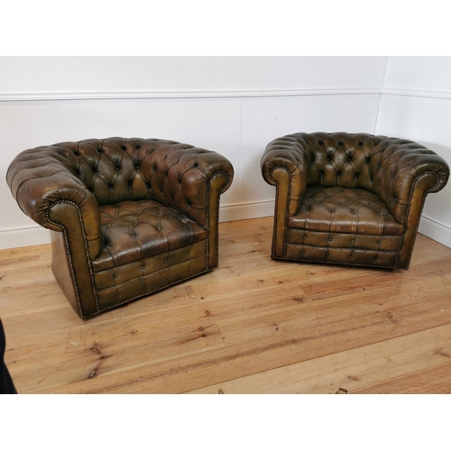 464 - Good quality pair of hand dyed leather deep buttoned club chairs . {70 cm H x 86 cm W x 100 cm D}.