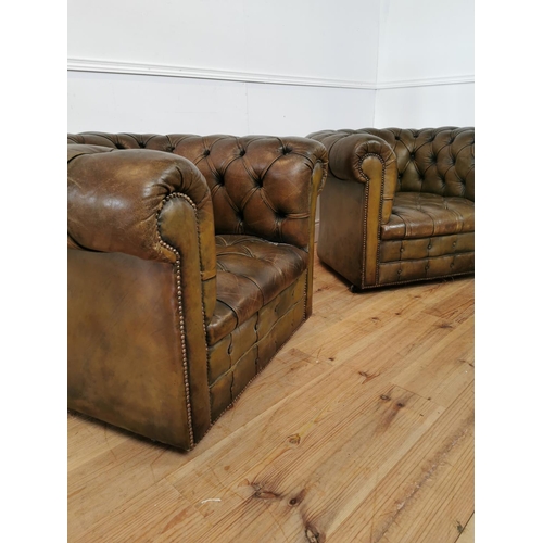 464 - Good quality pair of hand dyed leather deep buttoned club chairs . {70 cm H x 86 cm W x 100 cm D}.