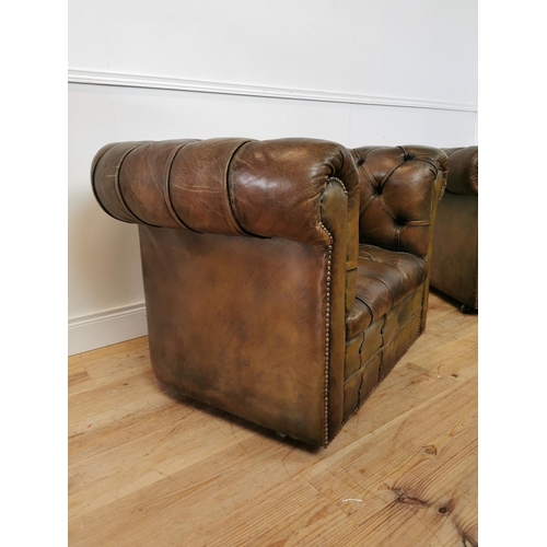 464 - Good quality pair of hand dyed leather deep buttoned club chairs . {70 cm H x 86 cm W x 100 cm D}.