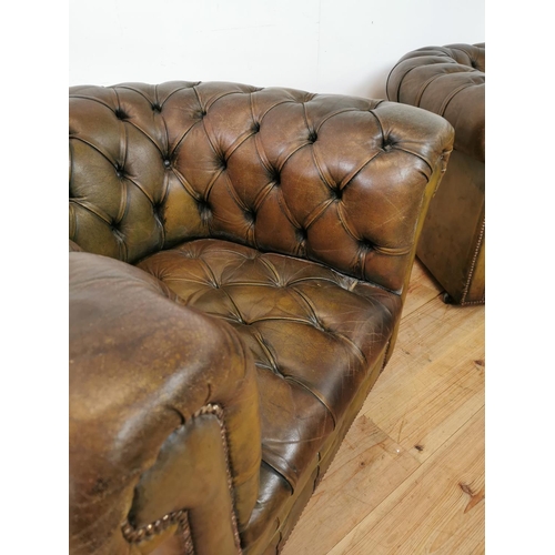 464 - Good quality pair of hand dyed leather deep buttoned club chairs . {70 cm H x 86 cm W x 100 cm D}.