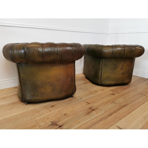 464 - Good quality pair of hand dyed leather deep buttoned club chairs . {70 cm H x 86 cm W x 100 cm D}.