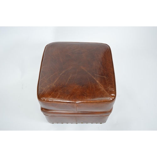 467 - Good quality brown leather upholstered foot stool . { 44cm H X 46cm Sq }.