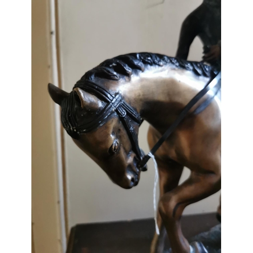 484 - Good quality bronze model of a Horse and Jockey {55 cm H x 60 cm W x 16 cm D}.