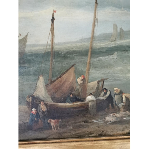 486 - 19th C. oil on canvas Stormy Harbour scene mounted in giltwood frame {77 cm H x 104 cm W}.