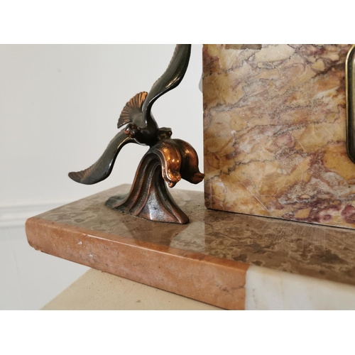 487 - Art Deco marble mantle clock decorated with spelter birds. { 15 cm H x 43 cm W x 10 cm D}.