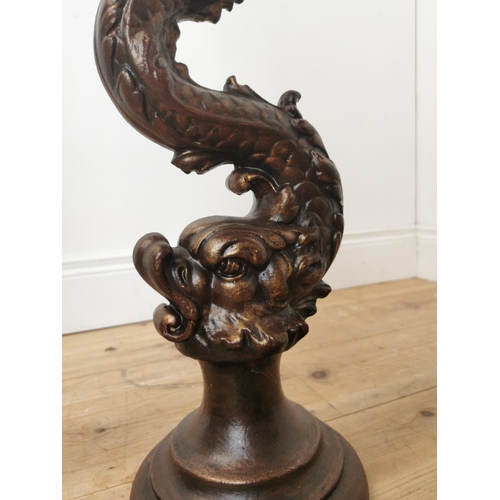 498 - Pair of decorative cast iron lamp bases in the form of mytical fish.  { 80cm H X 22cm Dia }.