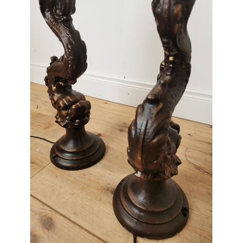 498 - Pair of decorative cast iron lamp bases in the form of mytical fish.  { 80cm H X 22cm Dia }.