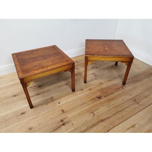 5 - Pair of good quality yew wood lamp tables raised on square legs {46 cm H x 61 cm W x 61 cm D}.