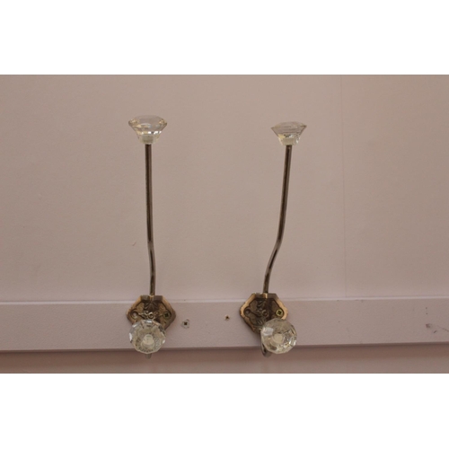 505 - Pair of decorative chrome and glass coat hanger hooks { 24cm H X 5cm W X 10cm D }.