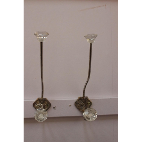 505 - Pair of decorative chrome and glass coat hanger hooks { 24cm H X 5cm W X 10cm D }.