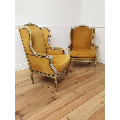 51 - Pair of 19th C. French painted pine velvet upholstered Wingback Armchairs {105cm H x 65cm W x 61 D}