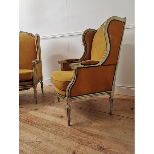 51 - Pair of 19th C. French painted pine velvet upholstered Wingback Armchairs {105cm H x 65cm W x 61 D}