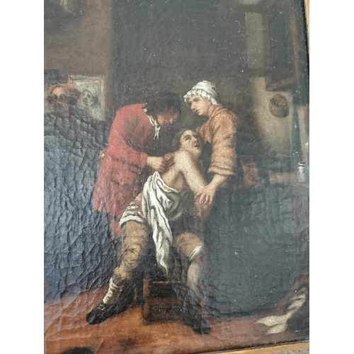 512 - 18th C. oil on canvas Tending to the Ill mounted in giltwood frame {57 cm H x 48 cm W}.