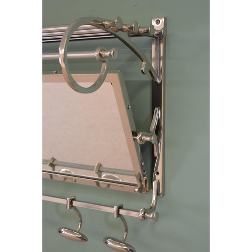 516 - Chrome wall mounted luggage rack with adjustable hooks and mirror in the 1920's style { 42cm H X 74c... 