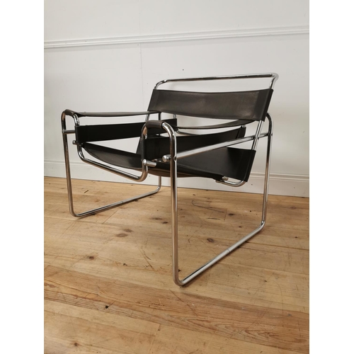 521 - Vintage leather upholstered chrome armchair { 74cm H X 79cm W X 70cm D }.