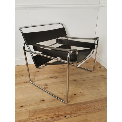 521 - Vintage leather upholstered chrome armchair { 74cm H X 79cm W X 70cm D }.