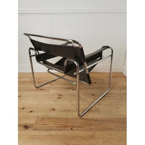 521 - Vintage leather upholstered chrome armchair { 74cm H X 79cm W X 70cm D }.