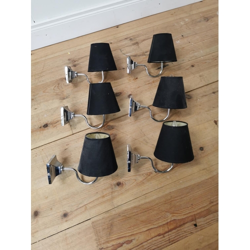 525 - Set of six chrome wall lights with matching shades { 20cm H X 15cm W X 26cm D }.