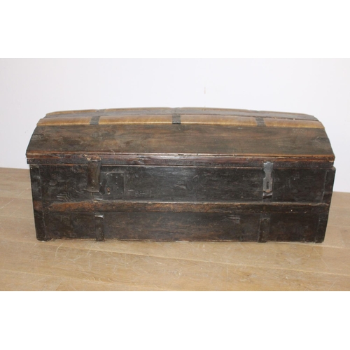 527 - 19th. C. oak leather bound travel trunk with metal hinges { 43cm H X 108cm W X 49cm D }