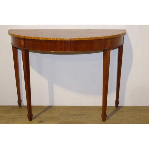 549 - Walnut veneered and satinwood demi - lune side table raised on tapered legs with spade feet in the R... 